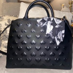 Betsey Johnson Black Heart Satchel bag Valentine Too Handle Strap Embossed